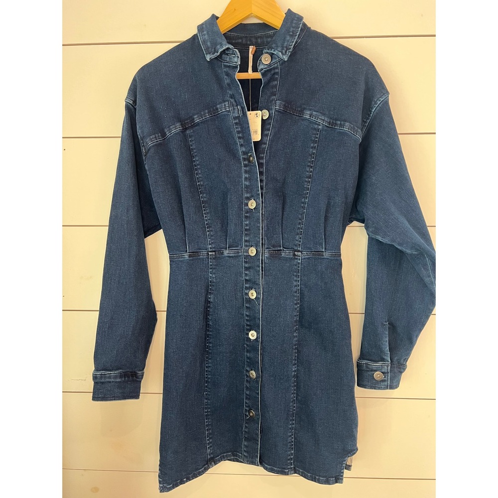 NWT Free People Marci Denim Mini Dress Dark Indigo Button Front 2 closet staple